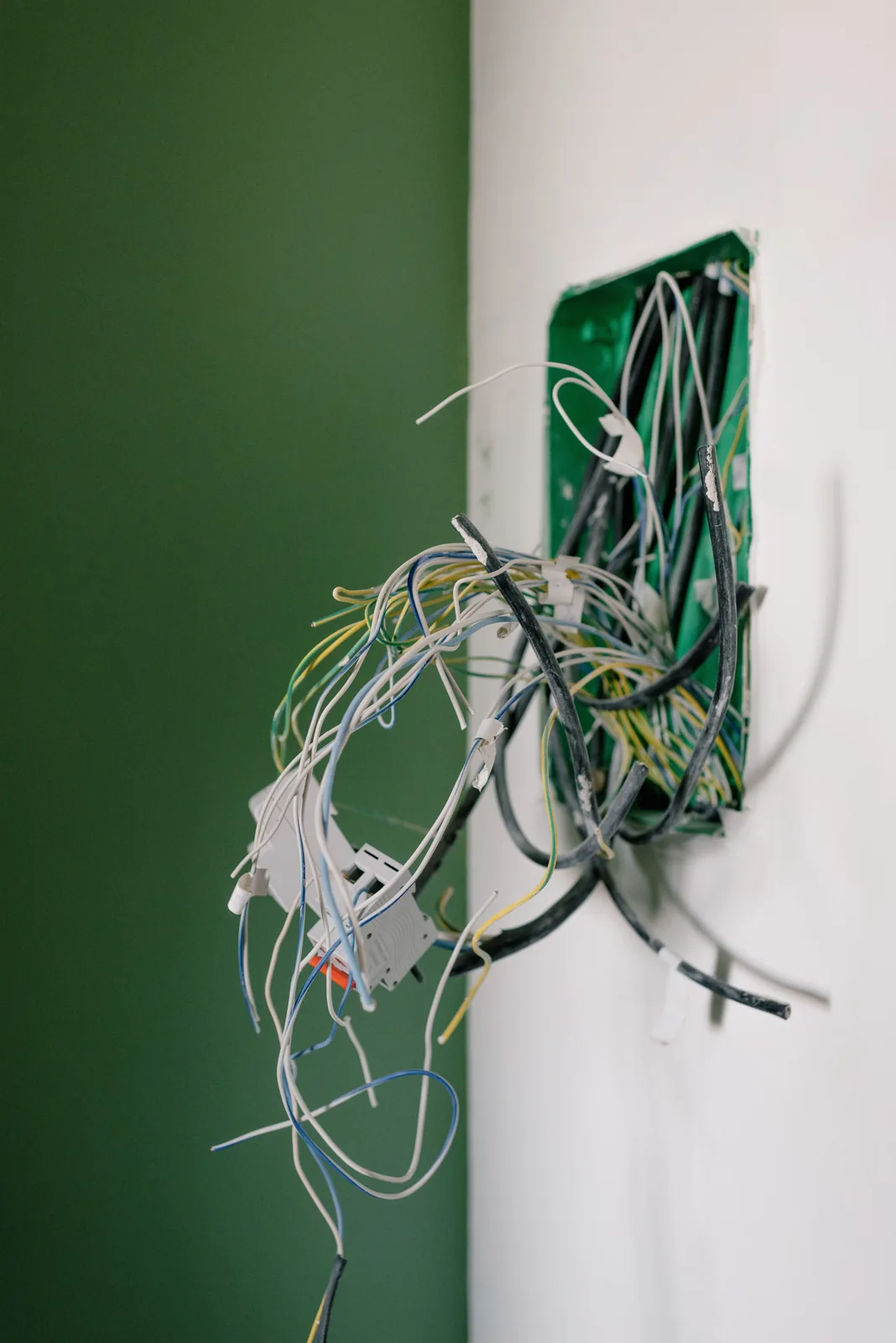 Old wiring spilling out of a junction box, for electrician in Salt Lake City