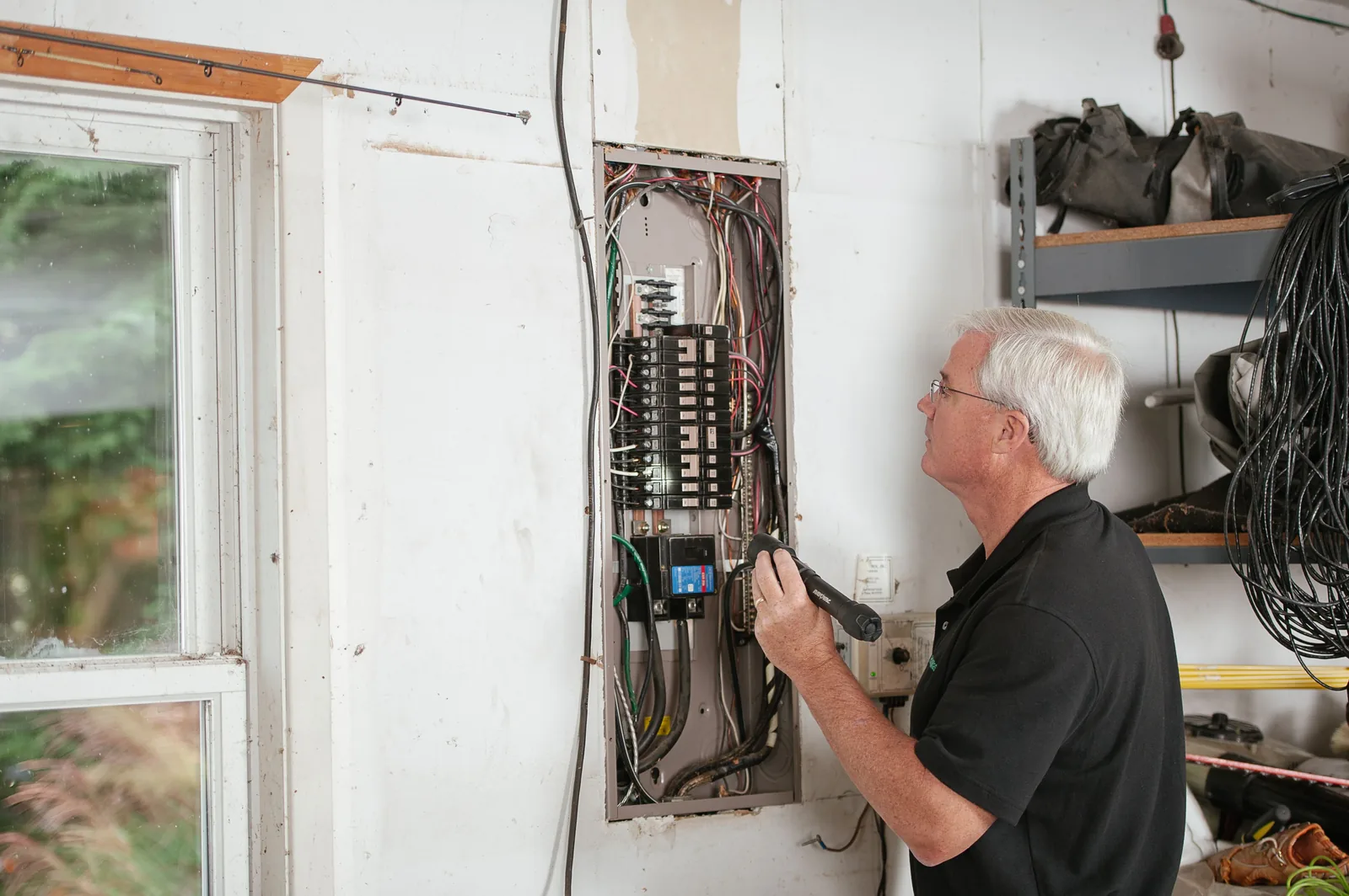 An electrician checking an open residential panel by torchlight, for licensed electrician in Salt Lake City